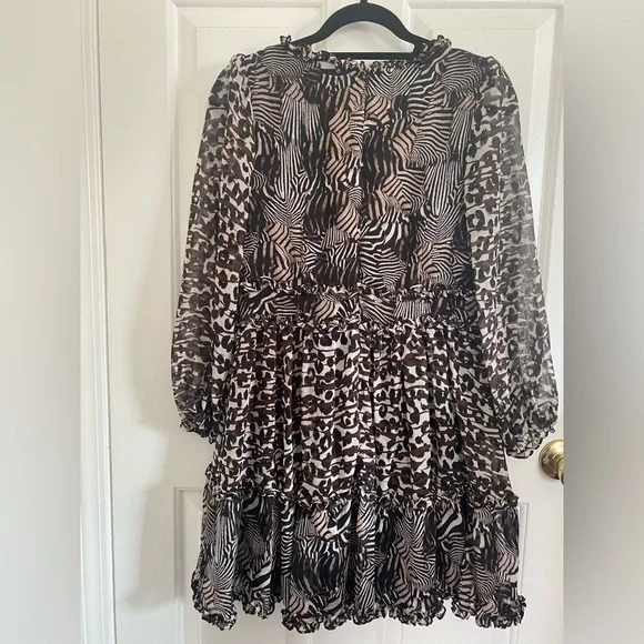 Betsey Johnson Flowy Animial Print Ruffle Babydoll Dress Size 8 - Picture 5 of 13